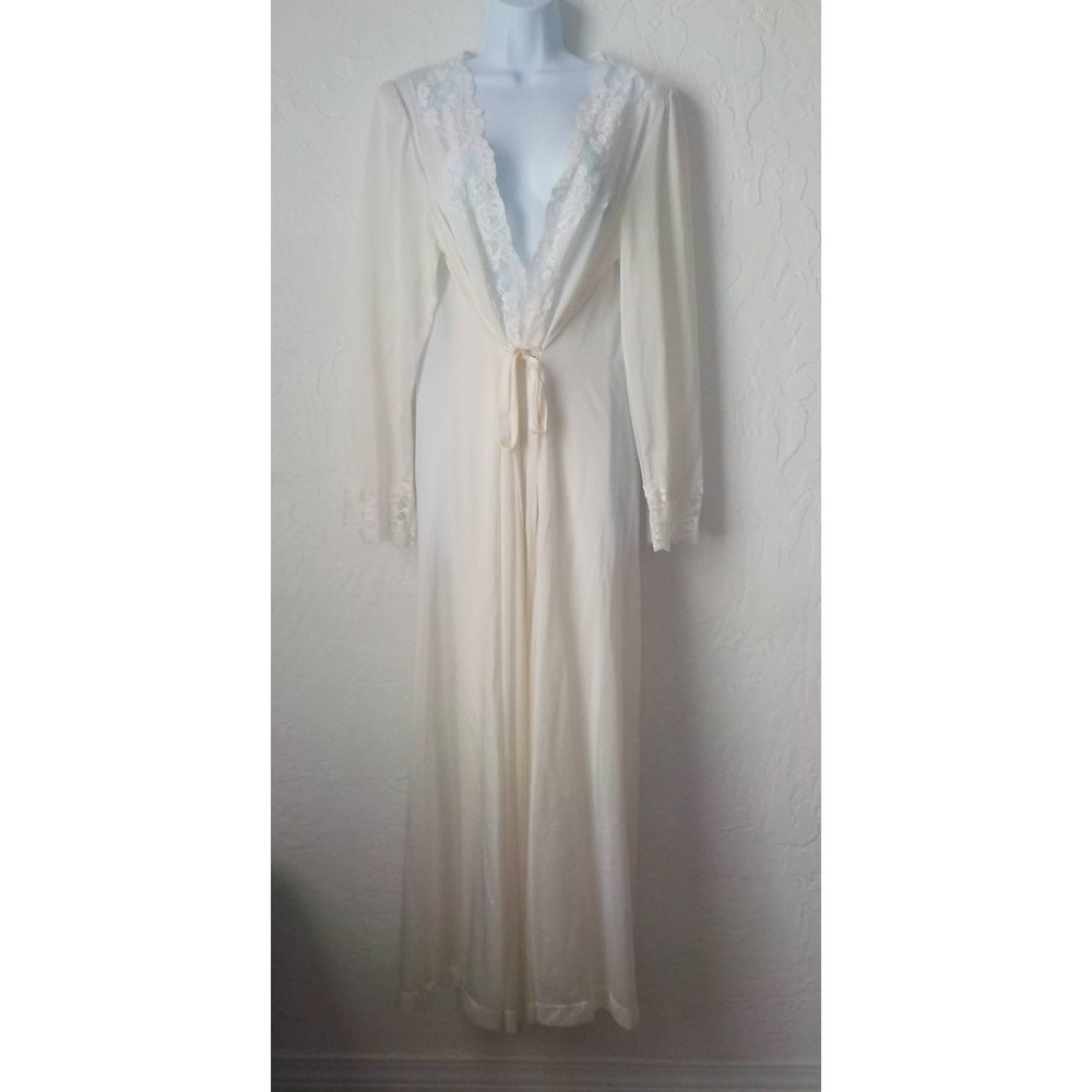 Vintage Lorraine Long Robe Ivory Polyester with Lace Trim and Cuffs Fits M/L